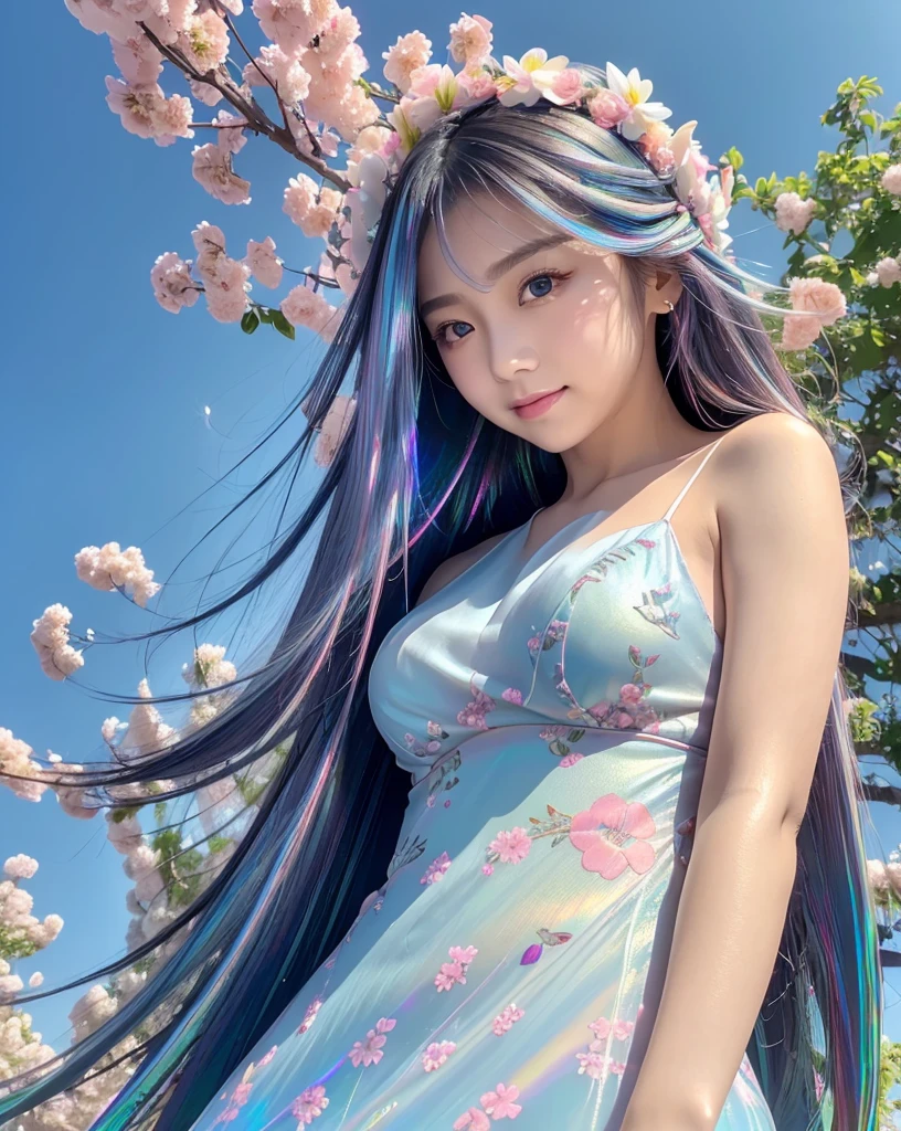 (Highest quality, 32k, High resolution, Masterpiece:1.5, ), marimo_jet, god々A photograph with brilliant dazzling and healing power., Evoking a sense of calm and elusive beauty, Expressing emotions, Have a rich imagination,Beautiful Japanese Girls, An exceptionally beautiful face, Small Face Beauty, ((Low - Angle:1.6)), Perfect Human Anatomy, Magical big eyes, Motherhood and generosity, Deep Love, fleeting smile, ((Iridescent gradient hair:1.4)), ((Super Long Straight Silk Hair:1.1)), Asymmetrical bangs, Hair between the eyes, Transparent, soft white skin, Sharp eyebrows, Thin lashes, Natural Makeup, Cheek highlighter, Pale pink detailed lips, ((Light blue floral dress:1.3)), High resolutionの完璧な鎖骨, High resolutionの美しい胸元, Slim figure with ample breasts, High resolutionの美しい太もも, ((Detailed blue sky background:1.2)), Professional Lighting, Professional photographer, Professional models, god秘的