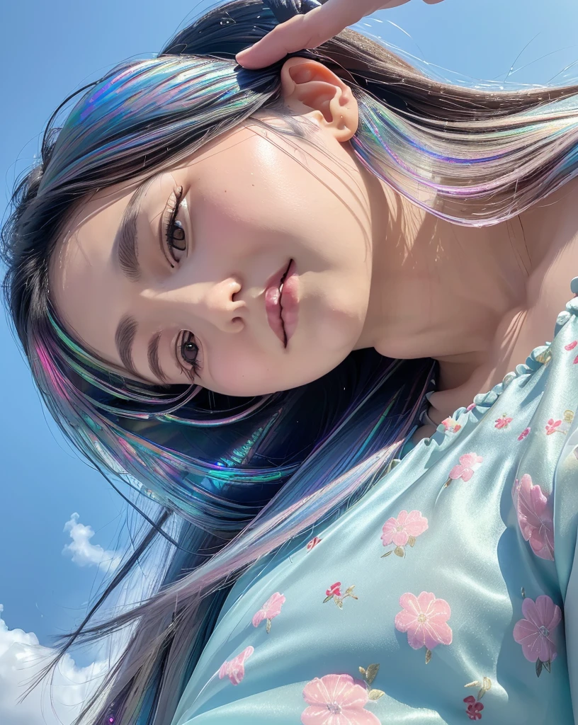 (Highest quality, 32k, High resolution, Masterpiece:1.5, ), marimo_jet, god々A photograph with brilliant dazzling and healing power., Evoking a sense of calm and elusive beauty, Expressing emotions, Have a rich imagination,Beautiful Japanese Girls, An exceptionally beautiful face, Small Face Beauty, ((Low - Angle:1.6)), Perfect Human Anatomy, Magical big eyes, Motherhood and generosity, Deep Love, fleeting smile, ((Iridescent gradient hair:1.4)), ((Super Long Straight Silk Hair:1.1)), Asymmetrical bangs, Hair between the eyes, Transparent, soft white skin, Sharp eyebrows, Thin lashes, Natural Makeup, Cheek highlighter, Pale pink detailed lips, ((Light blue floral dress:1.3)), High resolutionの完璧な鎖骨, High resolutionの美しい胸元, Slim figure with ample breasts, High resolutionの美しい太もも, ((Detailed blue sky background:1.2)), Professional Lighting, Professional photographer, Professional models, god秘的