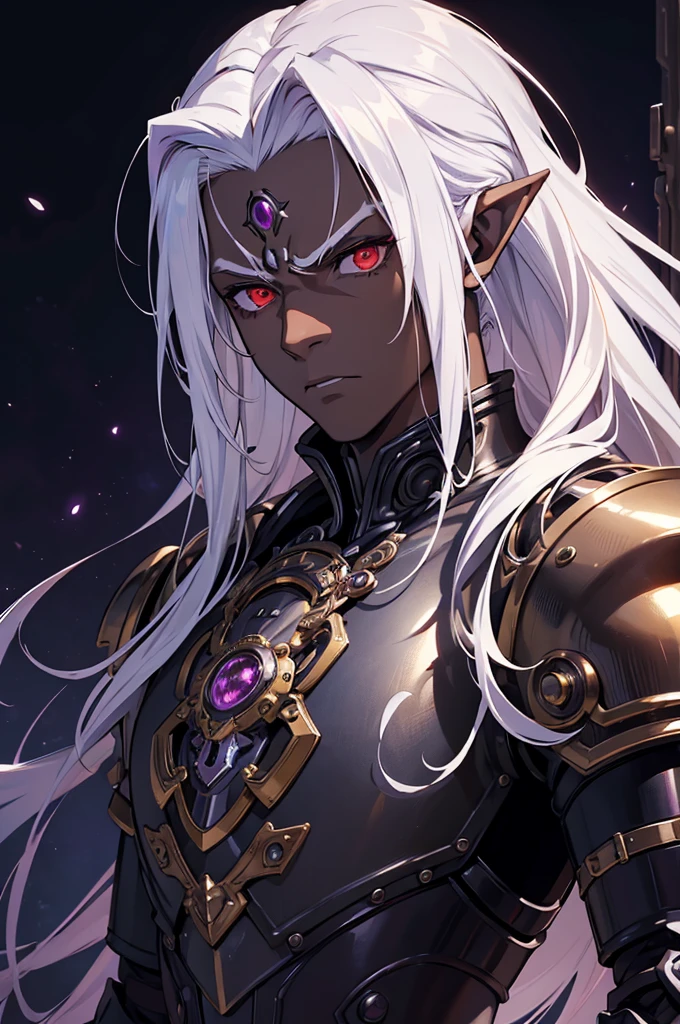 ((best quality)), ((masterpiece)), (detailed), ((boy)), ((mechanical armor)), (steampunk), (serious), dark skinned, human, upper body, portrait, red eyes, long white hair, Xemnas from Kingdom Hearts, half-drow, pointy ears, serious face, dramatic lighting, purple hue, art by Kinema Citrus