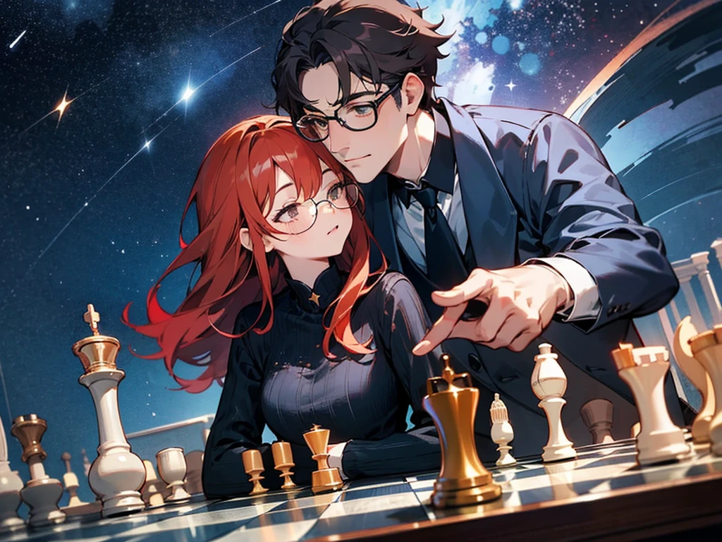 A redhead woman and a thin, dark-haired man with glasses are playing chess happily at night、Starry Sky、