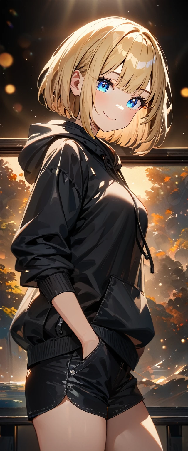 (((One girl))), blond hair, bob cut, (upper body), (looking at viewer), breasts, ager, head tilt:1.3, (((blue eye))), (from side), hand in pocket, ((happy smile)), black hoodie, black shorts, anime style, (best quality, 4k, 8k, highres, masterpiece:1.2, ultra-detailed, ultra-detailed eyes, HDR, UHD, studio lighting, ultra-fine painting, sharp focus, physically-based rendering, extreme detail description, professional, vivid colors, bokeh)