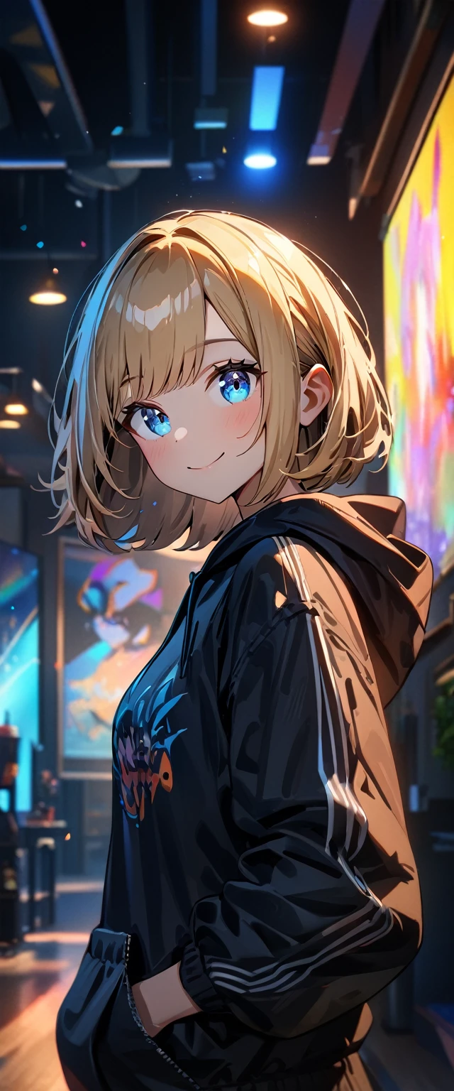 (((One girl))), blond hair, bob cut, (upper body), (looking at viewer), breasts, teenager, head tilt:1.3, (((blue eye))), (from side), hand in pocket, ((happy smile)), black hoodie, black shorts, anime style, (best quality, 4k, 8k, highres, masterpiece:1.2, ultra-detailed, ultra-detailed eyes, HDR, UHD, studio lighting, ultra-fine painting, sharp focus, physically-based rendering, extreme detail description, professional, vivid colors, bokeh)