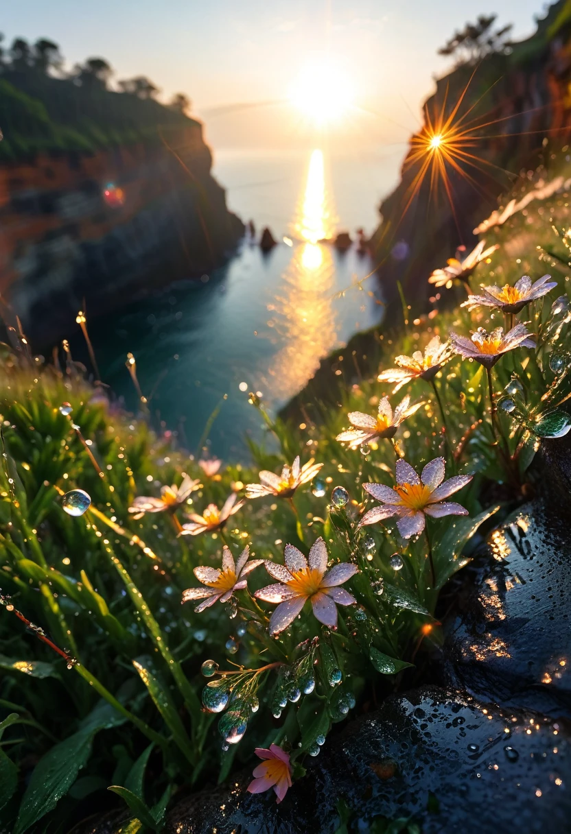 Intricate details, detailed, realism,The first rays of sunlight in the morning,Dew drops on flowers on the cliff,(sunrise,Lens Flare),Nice photos,HD Wallpapers,Natural light, dramatic, Source reality,Soft and dreamy