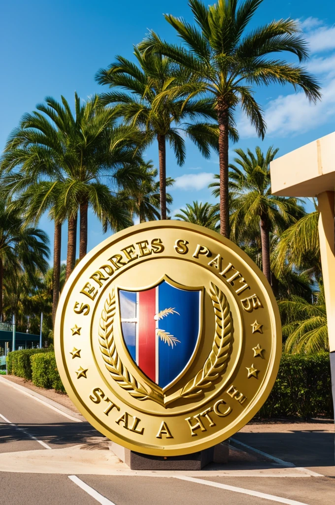 Golden sports shield with letters sports association the bridge with a ball and a palm tree