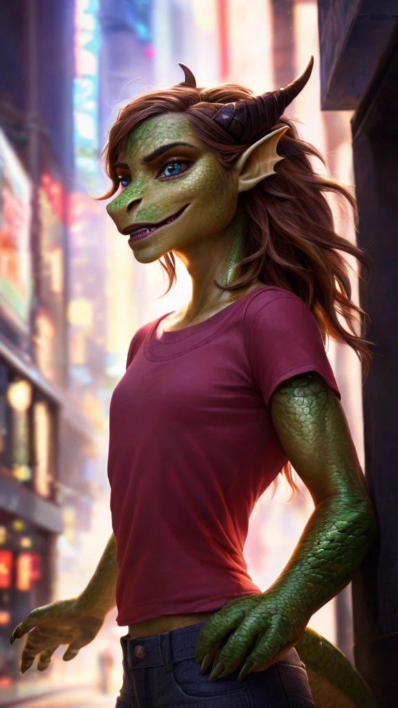 1girl, ewt, Emma watson, beautiful detailed eyes, beautiful detailed lips, extremely detailed eyes and face, long brown hair, pink t-shirt, jeans, standing on a street corner, award winning, intricate details, photorealistic, cinematic lighting, volumetric lighting, depth of field, beautiful face, striking pose, dynamic composition, vivid colors, warm tones, transformation into a dragon, green dragon with gold scales, magma breath