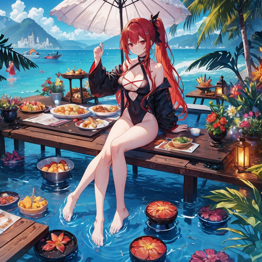 Parasol, food, basket, flip flops, vinyl sheet, Beaches and sands, Calm expression, Perfect hands, elder, Red Hair, The dignity of a 50-year-old, 落ち着きのあるwoman, solo、(Highly detailed background:1.0)、(Highly detailed background:1.0)、masterpiece、Highest quality、(Babes)、Fractal Art、Red eyes、Narrow eyes、Sexy black and red swimsuit, Reddish cheeks、Tropical Sea、From the shoulders up、Recall、smile、One Woman、Three-dimensional clouds、Venice beach, Red long ponytail, Red eyes,スタイリッシュなアクセサリーsolo, Big Breasts, woman, Take-out, Provocative laughter,40 year old woman,Queen of Sadism, Highly detailed background, Great writing style, Sit with both hands outstretched, Splash, Diffuse reflection of light, Perfect Human Medicine, Water breathing, Bare Skin, barefoot, Sweat,