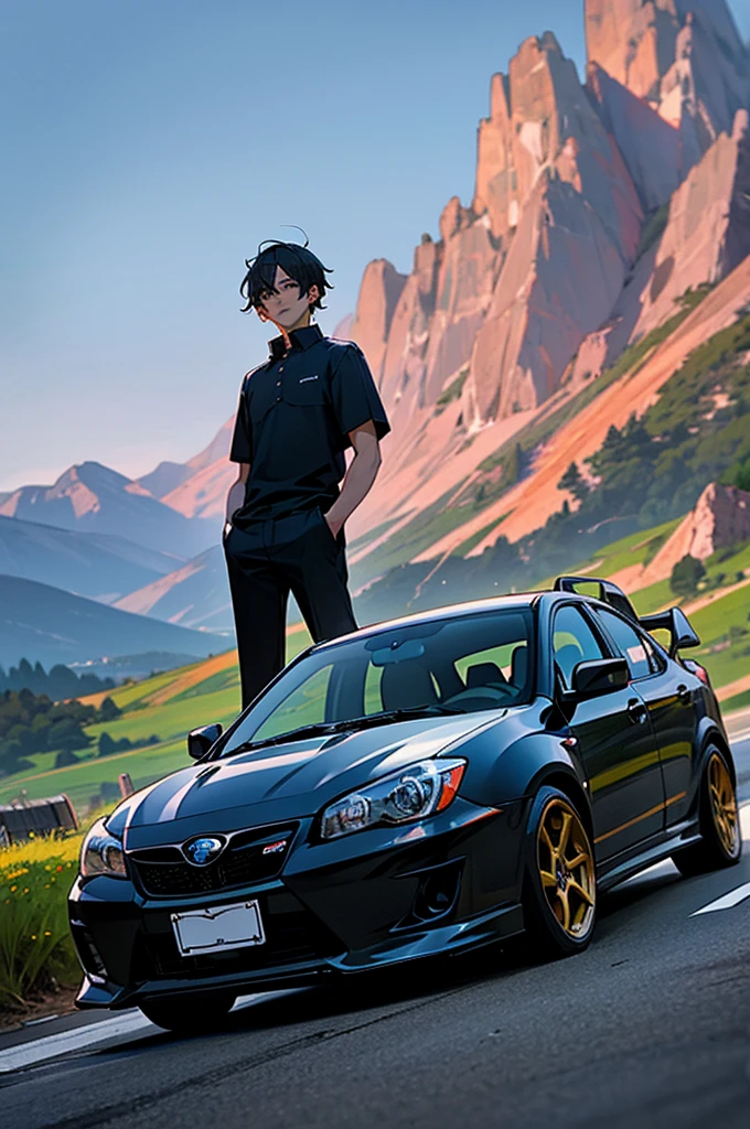 black haired boy with a subaru impreza sti with some mountains in the background for wallpaper 