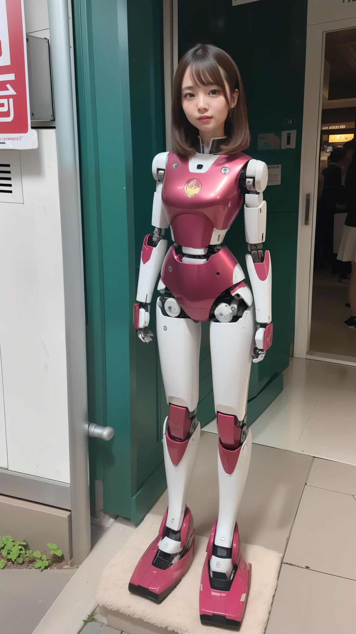 (Photorealsitic:1.4)、one robot woman、(top-quality)、(hyperdetailed face)、(Super well-formed face)、(Robot Parts)、(Female-Robot)、(25 years-old)、(pink)、(Burgundy)、(metallic)、(full-body)、(sexy pose)、(Slender body)、(Model body type)、(full body mech)、(Street of Akihabara)、(is looking at the camera)、(A brown-haired)、(Well-proportioned body)、(a small face)、(a small head)、(well-groomed fingers)、(Idol)、(front facing)、(Standing with legs open)、(Photo session)、(Looks sad)、(perfect-female-robot)、(perfect-mechanical-body)