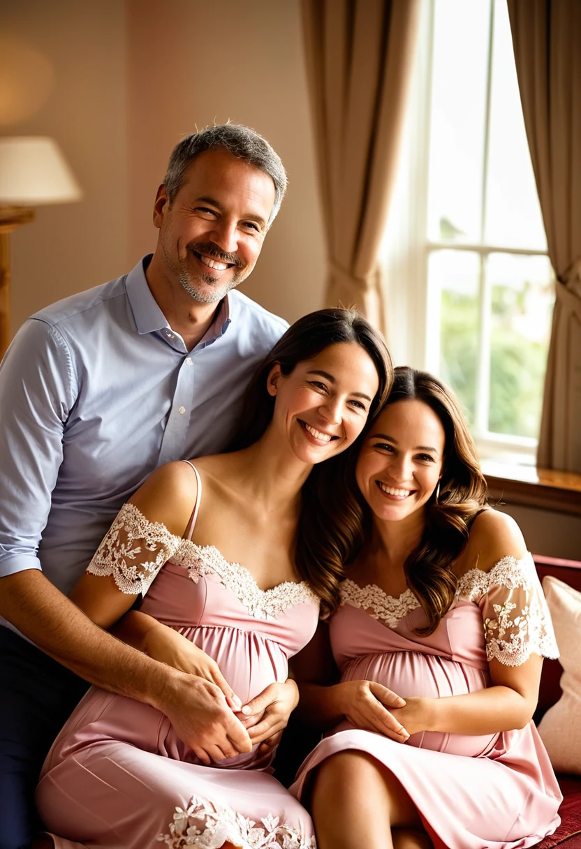 A middle-aged man sits between two cheerful pregnant women who are both smiling warmly. They are sitting in a cozy living room with soft lighting from a bay window in the background. The middle-aged man has his hands gently placed on the women's bellies. The women are wearing matching elegant pink dresses with delicate lace details. The atmosphere is filled with warmth and affection, highlighted by the evening sunlight streaming through the bay window.