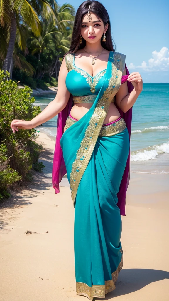 Beautiful girls smooth face full body plus size curve wearing saree blues full body plus size curve location beach site down, breast size large breast tight . Picture quality 8k 16k, 