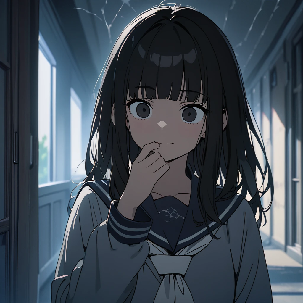 Best image quality,Best animation quality,((masterpiece)),High resolution,1080P,(Low - Angle),alone,Upper Body,(girl,(Close your mouth),A light smile,Very finely tidy hair,Black Hair,Neat bangs),Loose sailor suit,Hallway background,(Lots of cobwebs),dark気持ち,dark,(Horror)