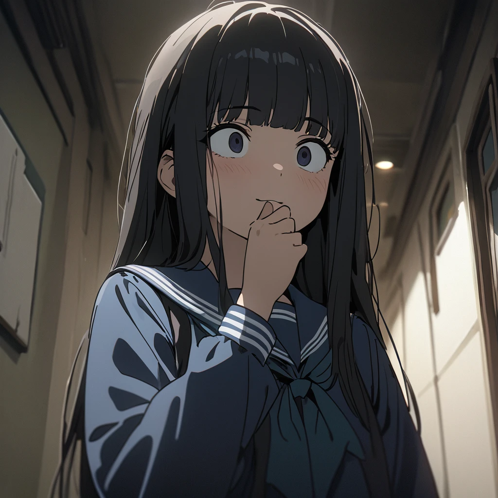 Best image quality，Best animation quality，((masterpiece))，High resolution，1080P，(Low - Angle)，alone，Upper Body，(girl，(Close your mouth)，A light smile，Very finely tidy hair，Black Hair，Neat bangs)，Loose sailor suit，Hallway background，(Lots of cobwebs)，dark気持ち，dark，(Horror)