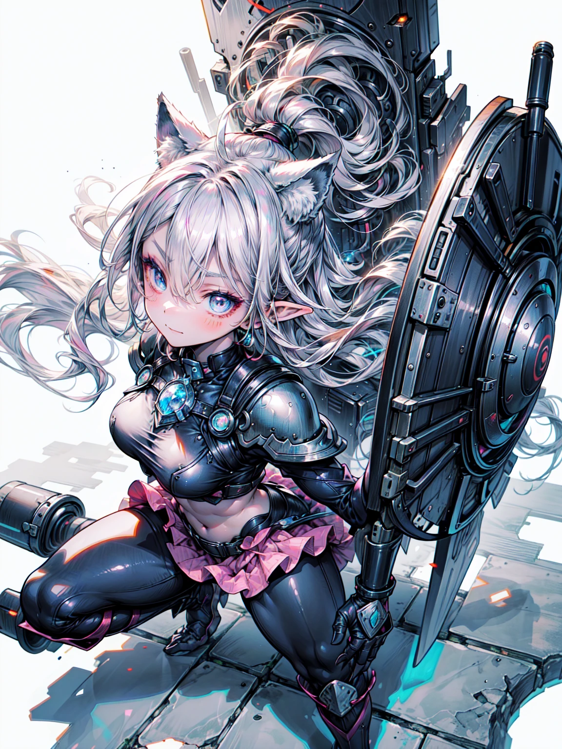 Abdominal musclesurdres ,1 Girl,Severe,Silver Hair,Anxious woman ,Wolf Ear,blue eyes,Abdominal muscles,Muscular,Warrior princess in armor,
metal armor with breastplate,Leather skirt, leggings, Knee-high boots,large battle ax and shield,
Crown,break,(Aggressive pose,Movie angle:1.3),(From above:1.2),Highest quality,Very detailed,Ultra-realistic, Perfect Anatomy,Five perfect fingers,Vibrant colors,wonderful,Ultra-fine illustrations、Blake、(Dark Elf), (1 Girl), alone, Perfect Face, Get used to it, Ahoge, ((Long Hair:1.2)), (Hair above one eye:1.3), [[Messy Hair]], Shiny blonde white hair, Purple eyes, Variegated eyes, Colorful Hair, Shining Eyes, (eyelash, eye shadow, pink eye shadow), bright, smile, Design Art：haruhiko mikimoto, by Kawashi, By Yoshitaka Amano, Dark Skin
