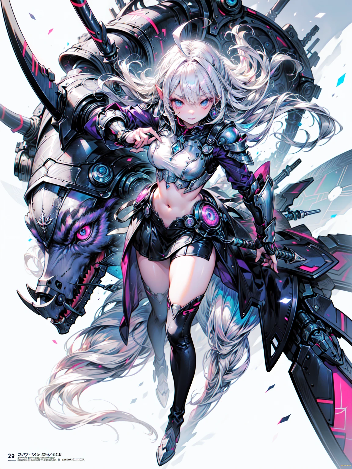 Abdominal musclesurdres ,1 Girl,Severe,Silver Hair,Anxious woman ,Wolf Ear,blue eyes,Abdominal muscles,Muscular,Warrior princess in armor,
metal armor with breastplate,Leather skirt, leggings, Knee-high boots,large battle ax and shield,
Crown,break,(Aggressive pose,Movie angle:1.3),(From above:1.2),Highest quality,Very detailed,Ultra-realistic, Perfect Anatomy,Five perfect fingers,Vibrant colors,wonderful,Ultra-fine illustrations、Blake、(Dark Elf), (1 Girl), alone, Perfect Face, Get used to it, Ahoge, ((Long Hair:1.2)), (Hair above one eye:1.3), [[Messy Hair]], Shiny blonde white hair, Purple eyes, Variegated eyes, Colorful Hair, Shining Eyes, (eyelash, eye shadow, pink eye shadow), bright, smile, Design Art：haruhiko mikimoto, by Kawashi, By Yoshitaka Amano, Dark Skin
