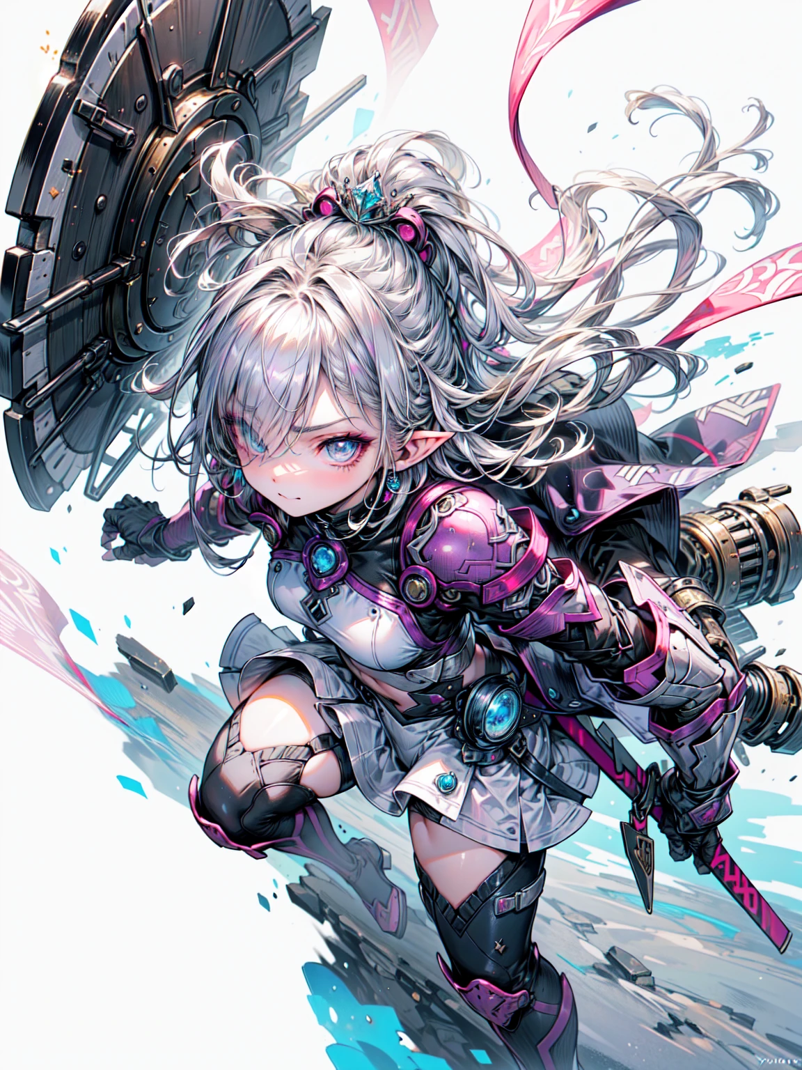 Abdominal musclesurdres ,1 Girl,Severe,Silver Hair,Anxious woman ,Wolf Ear,blue eyes,Abdominal muscles,Muscular,Warrior princess in armor,
metal armor with breastplate,Leather skirt, leggings, Knee-high boots,large battle ax and shield,
Crown,break,(Aggressive pose,Movie angle:1.3),(From above:1.2),Highest quality,Very detailed,Ultra-realistic, Perfect Anatomy,Five perfect fingers,Vibrant colors,wonderful,Ultra-fine illustrations、Blake、(Dark Elf), (1 Girl), alone, Perfect Face, Get used to it, Ahoge, ((Long Hair:1.2)), (Hair above one eye:1.3), [[Messy Hair]], Shiny blonde white hair, Purple eyes, Variegated eyes, Colorful Hair, Shining Eyes, (eyelash, eye shadow, pink eye shadow), bright, smile, Design Art：haruhiko mikimoto, by Kawashi, By Yoshitaka Amano, Dark Skin
