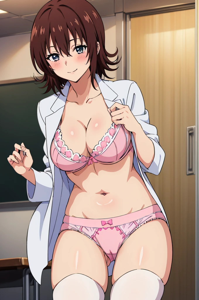 anime screencap, masterpiece, best quality, high resolution, 2D, anime cels, best quality, high resolution, 1woman, mikado ryouko, labcoat, skirt, thighhighs, (large breasts:1.2), cleavage, nose blush, smile, closed mouth, looking at veiwer best quality, extremely detailed, (illustration:1.2), high-resolution, 8k cg wallpaper, stunning art, (perfect lifted own skirt by self:1.3), line up show thighs completely, bare all navel, shiny eyes, very lovingly face, shy, (blush:1.2), , face to face, in the classroom, cowboy shot, front view, straight view, (all girls perfect show own pink panties completely:1.3)