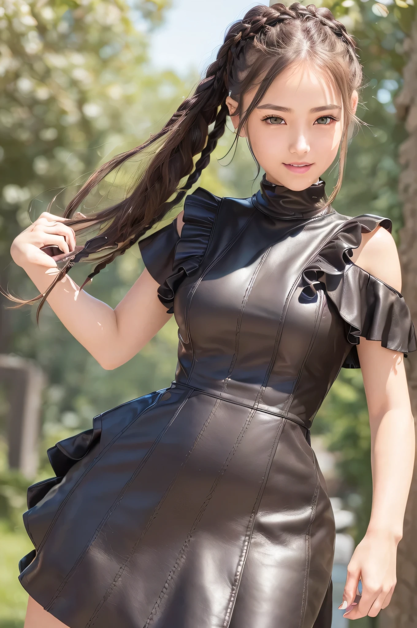 (8k high quality), (2d high quality), (high anime quality), ((beautiful young girl), (beautiful face), (shinning light brown single-braided hair), (beautiful bluish-grey eyes), (shining smooth skin), (beautiful thin eyebrow), (beautiful leather wristwatch), (black & white ruffle armhole single breasted dress), (grinning)