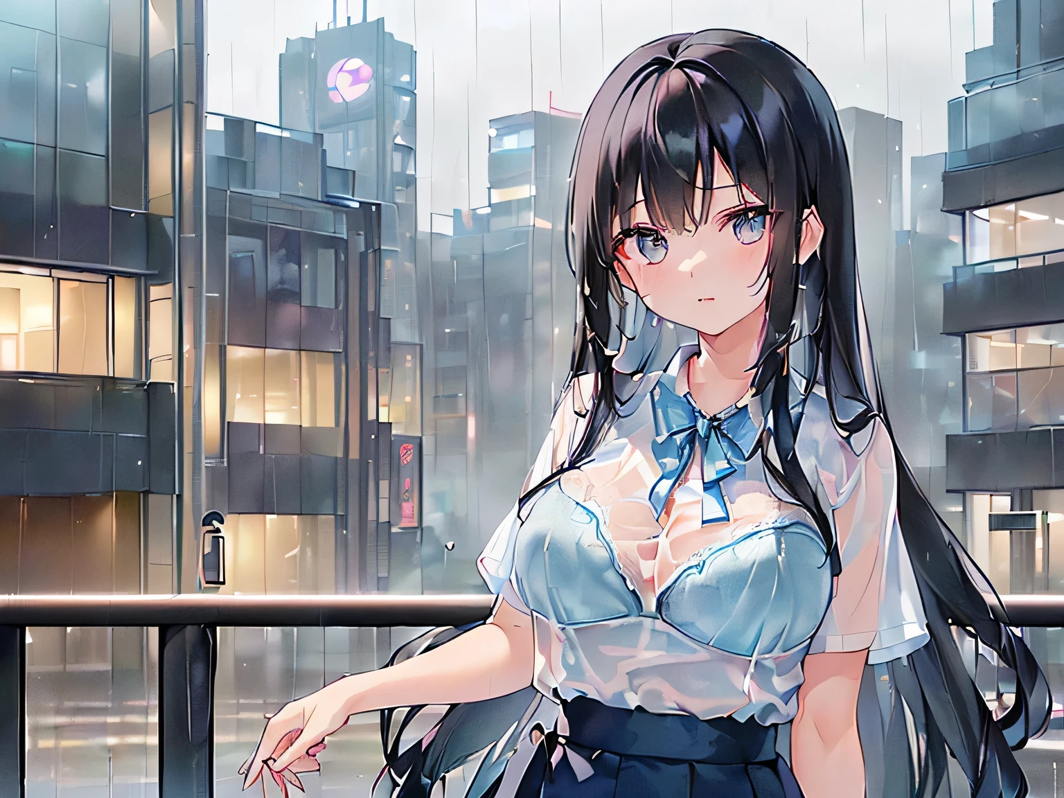 (masterpiece、Highest quality、High resolution、Realistic photo、Real looking skin:1.1)、 
(The woman&#39;s clothes are wet and transparent from the rain.、I can see the light blue bra:1.8)、
(Please provide a close-up of the upper body.:1.8)、
(standing:1.5)、 
(Confused expression:1.5)、 
(She is wearing a white short-sleeved blouse that is worn with casual clothes.:1.8)、 
(She is wearing a long blue skirt:1.5)、
(I wear pumps on my bare feet:1.5)、 
(The bra is light blue:1.8)、 
(I have long black hair:1.5)、 
(She is 25 years old:1.5)、 
(She is good-looking enough to be a receptionist.:1.5)、 
(The location was a pedestrian deck in a rainy downtown area.:1.5)、 
1 Japanese Girl、solo、Full Body Esbian、Beautiful Eyes、Shining Eyes、Shining thighs、NSFW