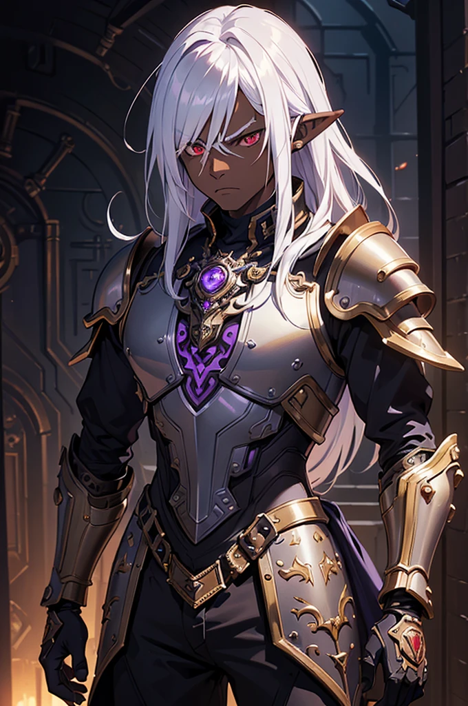 ((best quality)), ((masterpiece)), (detailed), ((boy)), ((mechanical armor)), (dungeonpunk),(steampunk), (serious), dark skinned, human, upper body, portrait, red eyes, long white hair, Xemnas from Kingdom Hearts, half-drow, pointy ears, serious face, dramatic lighting, purple hue, art by Kinema Citrus