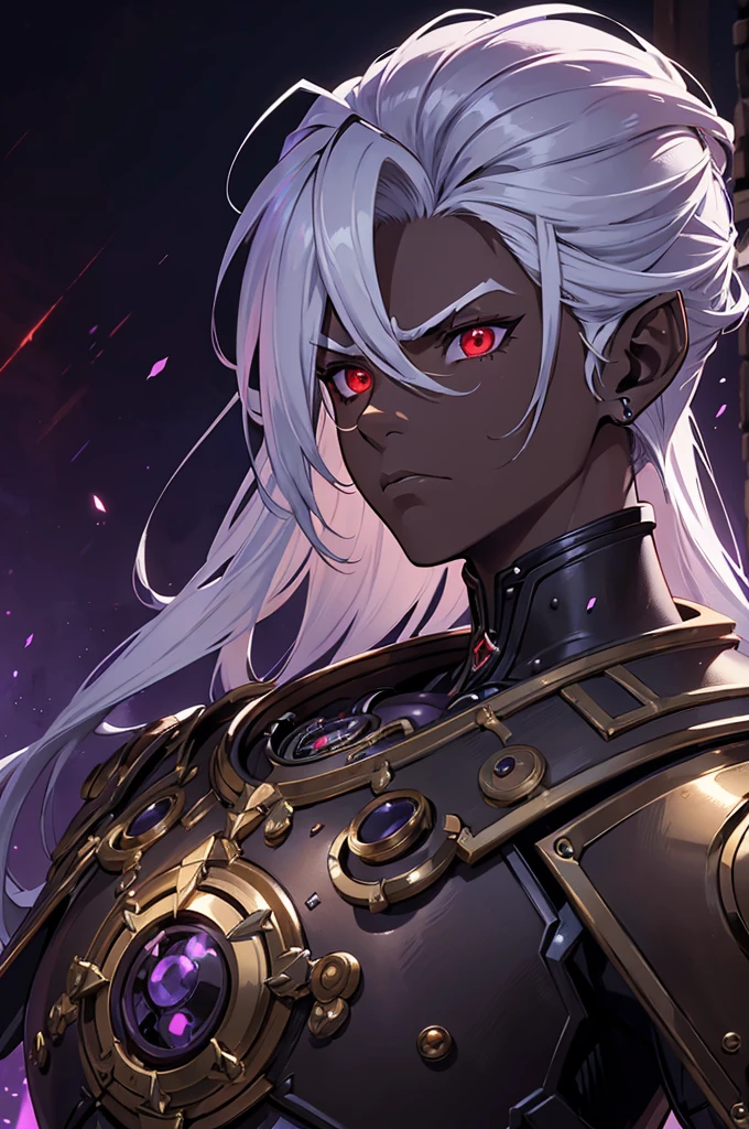 ((best quality)), ((masterpiece)), (detailed), ((boy)), ((mechanical armor)), (dungeonpunk),(steampunk), (serious), dark skinned, human, upper body, portrait, red eyes, long white hair, Xemnas from Kingdom Hearts, half-drow, pointy ears, serious face, dramatic lighting, purple hue, art by Kinema Citrus