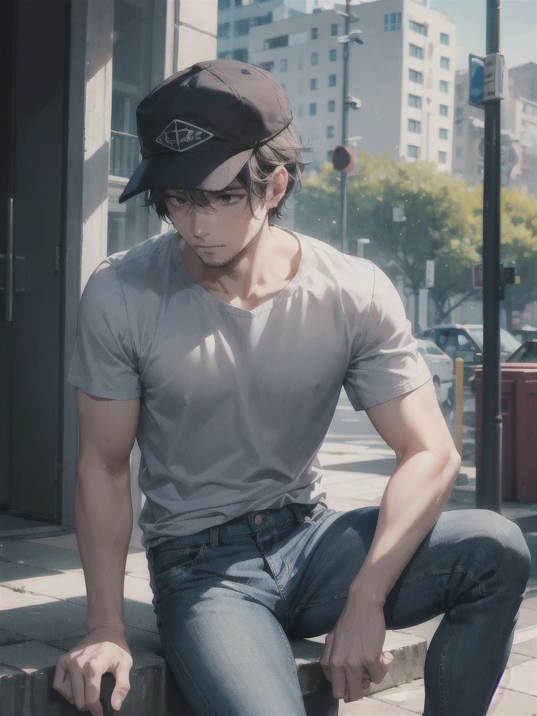 30 year old man ,tired eyes with dark circles  ,moreno ,ragged clothes gray shirt ,blue pants ,black hat ,musculoso