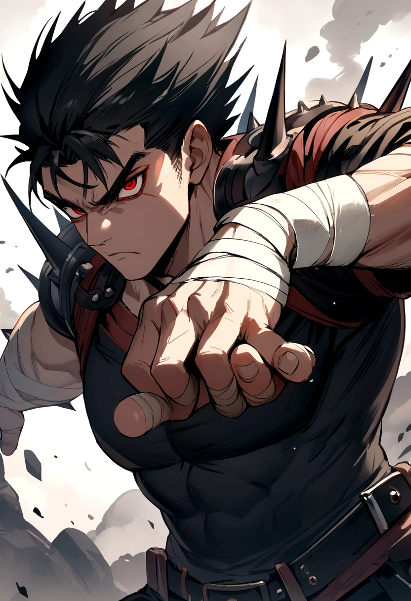 Strong man with bandages on his hand, spiky black hair red eyes