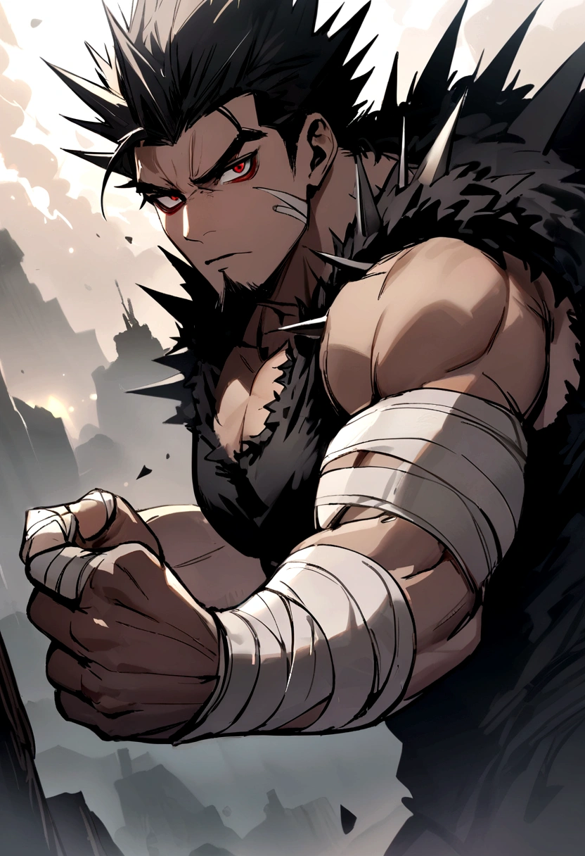 Strong man with bandages on his hand, spiky black hair red eyes