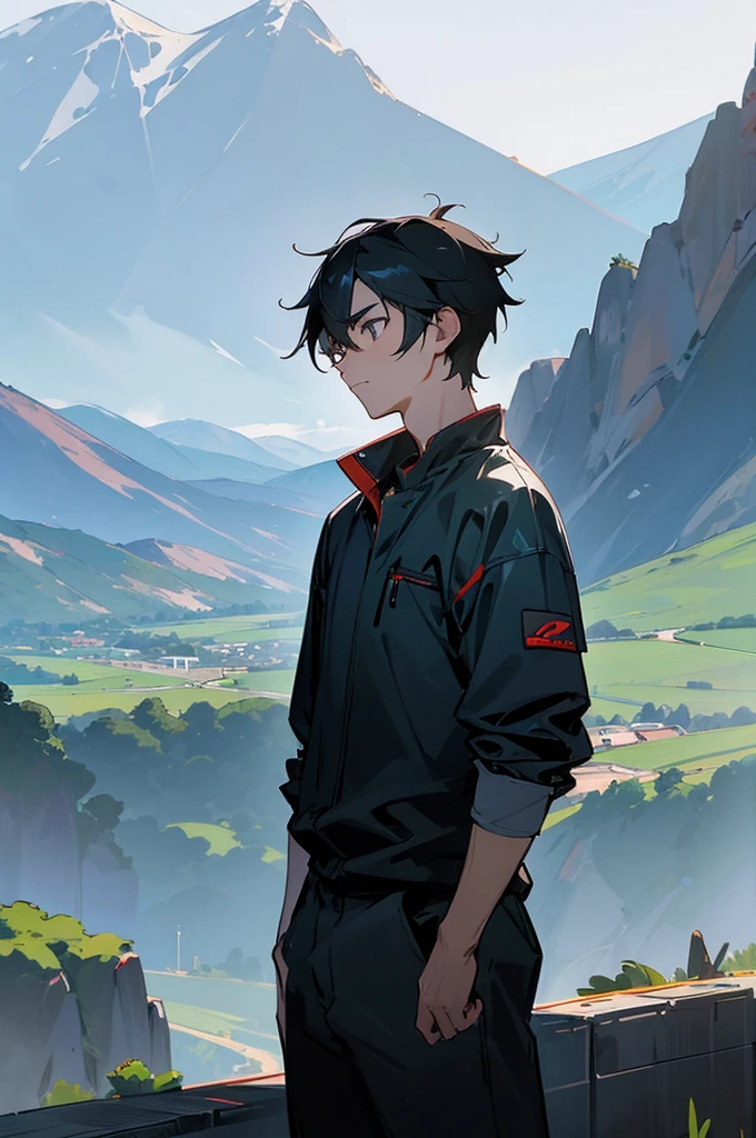 black haired boy with a subaru impreza sti with some mountains in the background for wallpaper