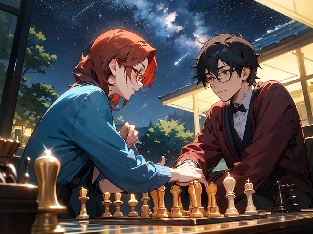 A redhead woman and a thin, dark-haired man with glasses are playing chess happily at night、Starry Sky、Anime atmosphere

