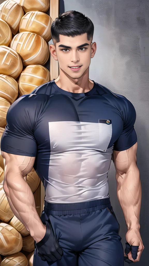 (handsome Man),(crew cut short hair:1.8),black eye,(Wear a fitted round neck t-shirt in navy with a police badge.:1.5),(fit neck),Navy blue jeans,(black_gloves:1.2), Korean guy,chest muscles,large arm muscles,blood vessel,Big muscles,Broad shoulders, (open mouth:1.2),(face up:1.2),(open eyes:1.5), middle of the road,smile, In front of the bread shop(handsome Man),(crew cut short hair:1.8),black eye,(Wear a fitted round neck t-shirt in navy with a police badge.:1.5),(fit neck),Navy blue jeans,(black_gloves:1.2), Korean guy,chest muscles,large arm muscles,blood vessel,Big muscles,Broad shoulders, (open mouth:1.2),(face up:1.2),(open eyes:1.5), middle of the road,smile, In front of the bread shop