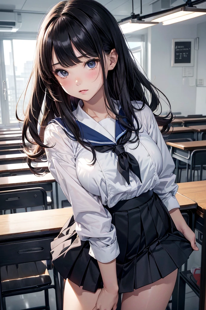 Absurd, Super detailedな,(In 8K:1.3),Masseter muscle area,(masterpiece:1.2)、(Highest quality)、4K、Super detailed、(Movement Structure:1.4)、(Shining Lights、Atmosphere lighting), High resolution, Best Quality、(One girl:1.4),Super detailedな,Bright colors、Treebreak Production Art、(Warm color light source:1.2),High-level image quality、Fine image quality、Intricate details,Volumetric Lighting,Realism BREAK、Profile、 Very beautiful face and eyes, Beautiful images、
shoot from below、
Volumetric lighting、
(overhead shot:1.5)、
Idol face、15 years old、(Baby Face:1.4)、natural make up、big eyes、(Big Tits:1.2)、(Breast bag:1.2)、(glossy skin :1.5),
(sit:1.2)、School Chair、(to lift up one’s black skirt:1.4)、
(School classroom:1.2)、
(black hair、blunt bangs、straight hair:1.2)、
sailor suit, dark blue collar, white shirts, short sleeve, school, dark blue skirt, black skirt、(Good, highleg panties, highleg, groin)、
(full face blush:1.2),