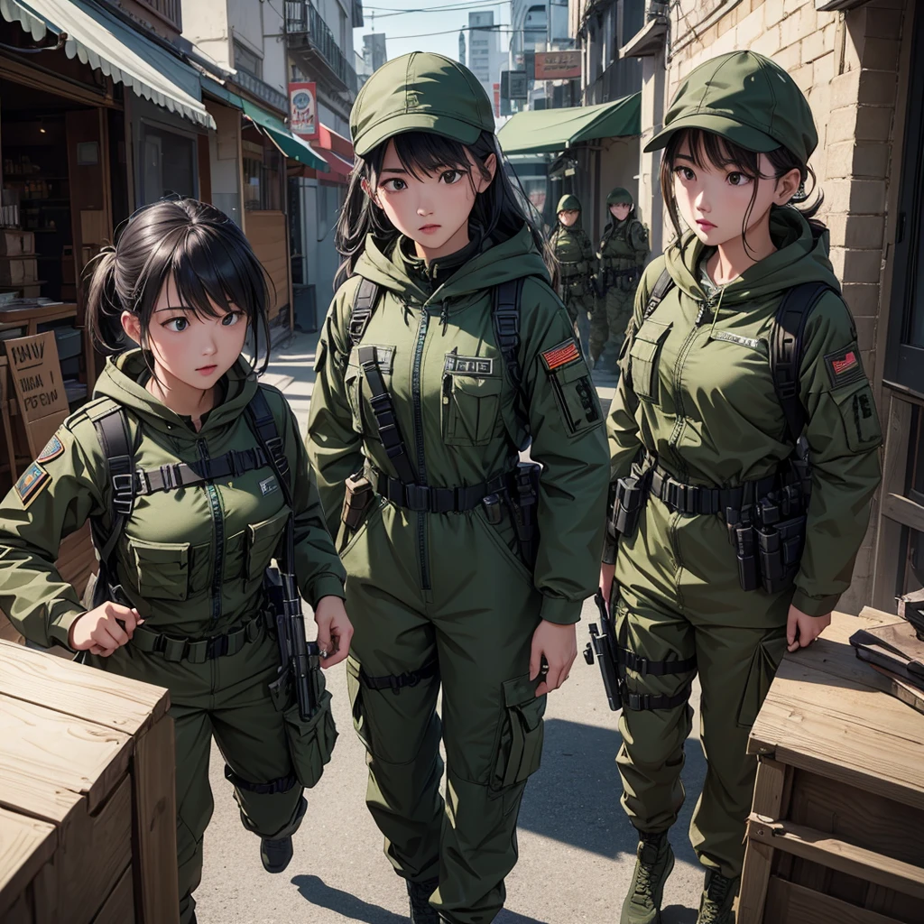 First-person perspective、Three female soldiers on patrol、Dark Green Military Hoodie、Tactical harness、Magazine Pouch、Military Pants、Write details、masterpiece、best quality、Highly detailed CG、8K picture quality