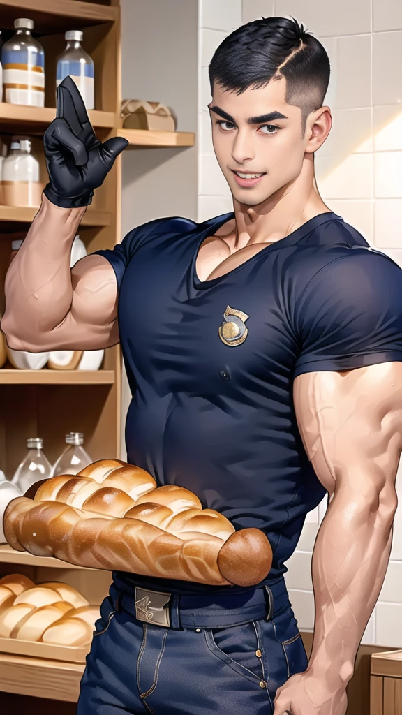 (handsome Man),(crew cut short hair:1.8),black eye,(Wear a fitted round neck t-shirt in navy with a police badge.:1.5),(fit neck),Navy blue jeans,(black_gloves:1.2), Korean guy,chest muscles,large arm muscles,blood vessel,Big muscles,Broad shoulders, (open mouth:1.2),(face up:1.2),(open eyes:1.5), middle of the road,smile, In the bread shop, (bread in hand)