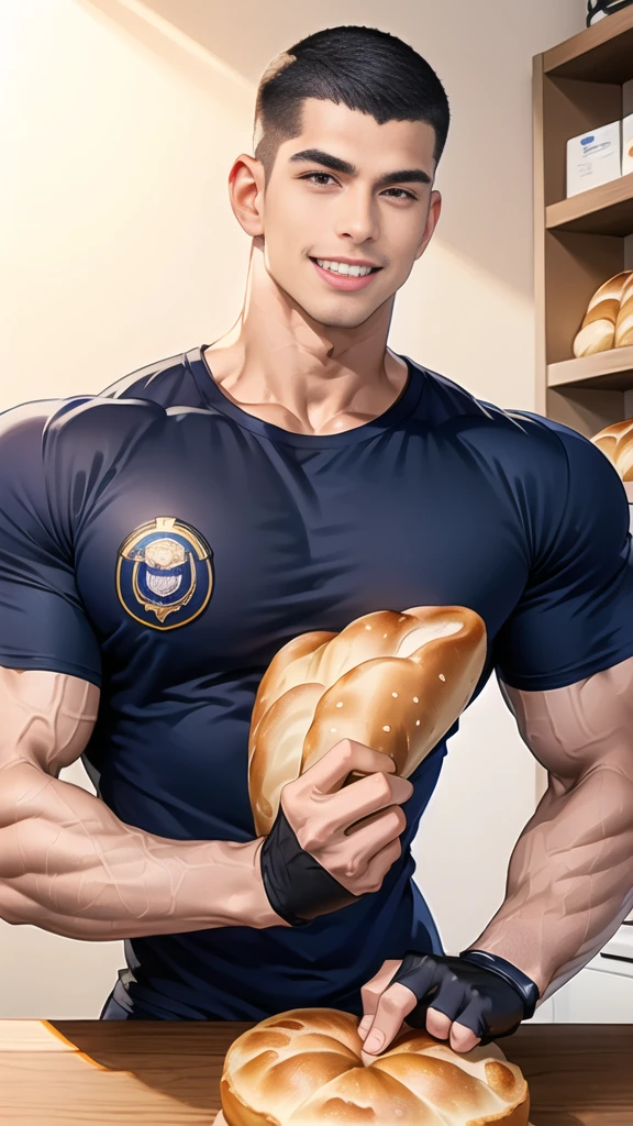 (handsome Man sitting on table eating bread ),(crew cut short hair:1.8),black eye,(Wear a fitted round neck t-shirt in navy with a police badge.:1.5),(fit neck),Navy blue jeans,(black_gloves:1.2), Korean guy,chest muscles,large arm muscles,blood vessel,Big muscles,Broad shoulders, (open mouth:1.2),(face up:1.2),(open eyes:1.5), middle of the road,smile, In the bread shop,