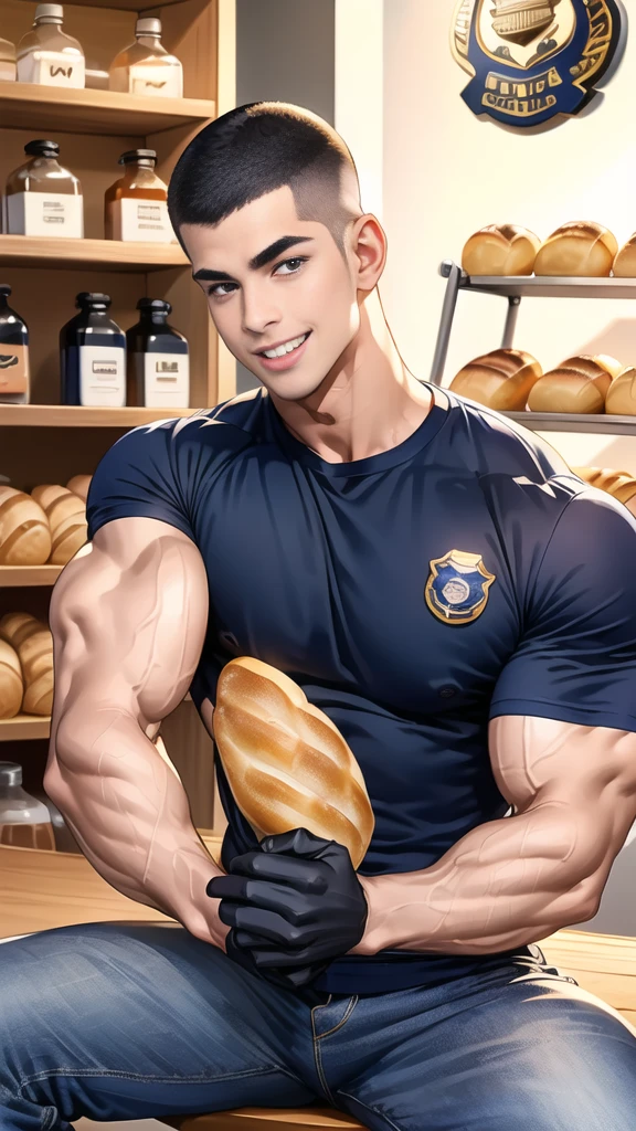 (handsome Man sitting on table eating bread ),(crew cut short hair:1.8),black eye,(Wear a fitted round neck t-shirt in navy with a police badge.:1.5),(fit neck),Navy blue jeans,(black_gloves:1.2), Korean guy,chest muscles,large arm muscles,blood vessel,Big muscles,Broad shoulders, (open mouth:1.2),(face up:1.2),(open eyes:1.5), middle of the road,smile, In the bread shop,