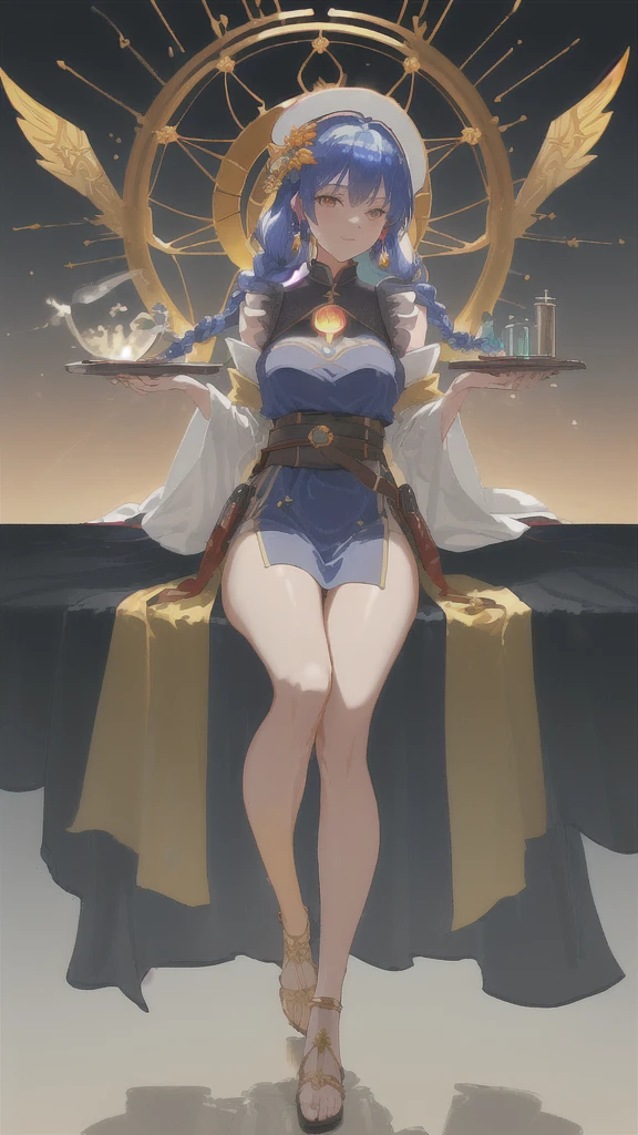 Name: Yuuka rubystand
Element: FLAMARA
Description: Resilient forge-keep selector, yielding sun enhanced inventions. Demonstrating an effervescent spirit, words of wisdom challenge rituals.
Prompt: ((((Serene youth, utility aspect, supreme detail, optimistic expression)))), 1girl, wearing personnel apron, sitting, (((mech legs:1.2, articulated ankles:1.3, optimization design:1.2))), (machined body muted gold, belt with tool pouch and hoses), (iroses red hair in three braids painted with golden scales), (golden-hazed eyes embodying solar energyWell balanced features, slightly angular accessories), (((intricately paintexressed lost world wild flowers rahmon)), (mid-ins→ chest length backless cuirass), ((elder sibling demeanor sapphire pendant)), looking over blueprints, ((bolted waist bones etched with flourishes)), immaculateConfirming a brilliant idea earned amid workshop fire, minim-fidgetting fingers soft lighting, sector peacefulness, background smog table smoke ingots training millinery , ((distinct tangible symmetrical fluid focus)), 22 years old, content, authoritative, climax of day.