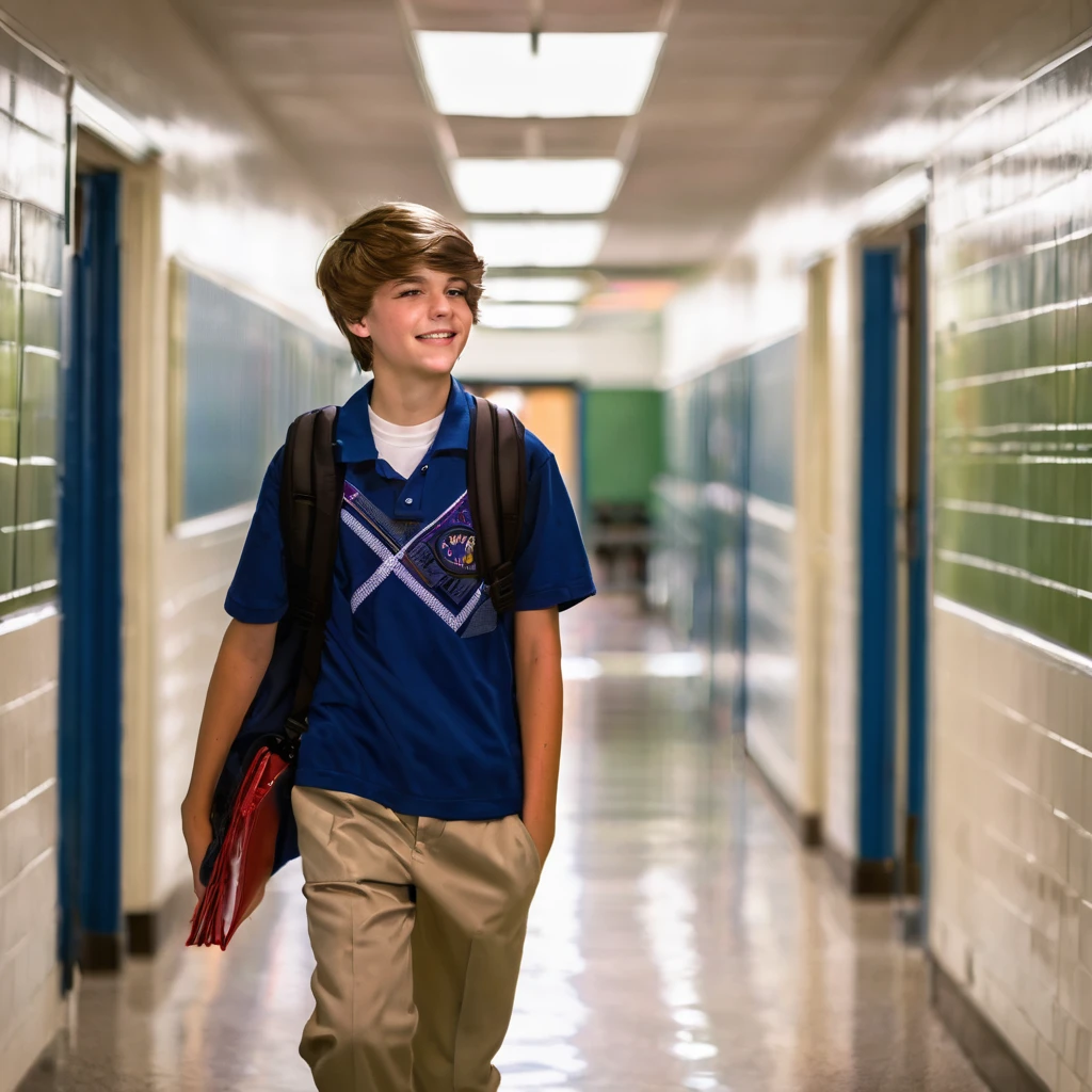 A 17 year old boy is wearing school clothes and walking in the school hallway.