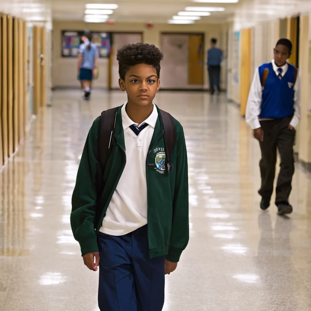 A 17 year old boy is wearing school clothes and walking in the school hallway.