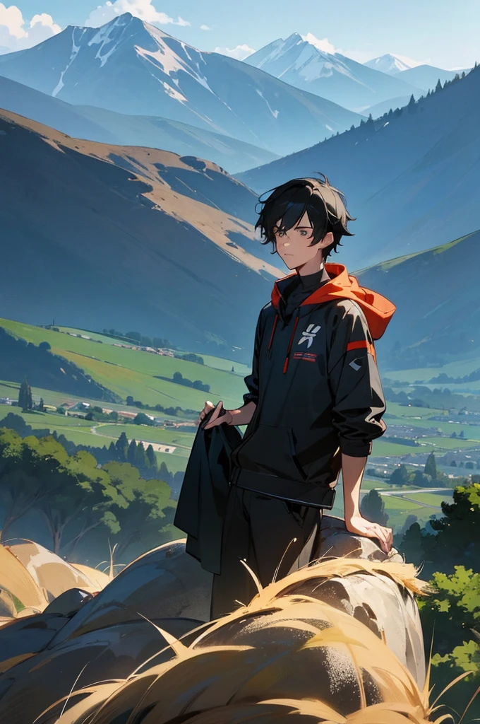 black haired boy with a subaru impreza sti with some mountains in the background for wallpaper
