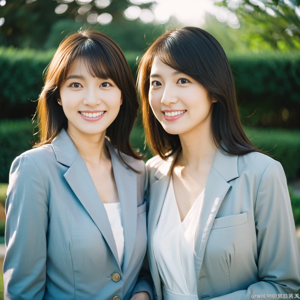 (Highest quality、high resolution、High resolution、masterpiece、8K:1.2)、Conservative fashion woman、23 year old Japanese woman、Two Women、business suit、semi-formal attire、Monotone clothes、Look here with a smile、(Kodak Portra 800 Film SMC Takumar 35mm F/ 2. 8 50 sec:1.3)、(RAW Photos、Photos like the real thing、Clear photos:1.2)、Narrow Face、Two good friends、City riverside in the evening、A town where you can see the sunset、Medium Hair、Mid-chest、Lifelike skin texture