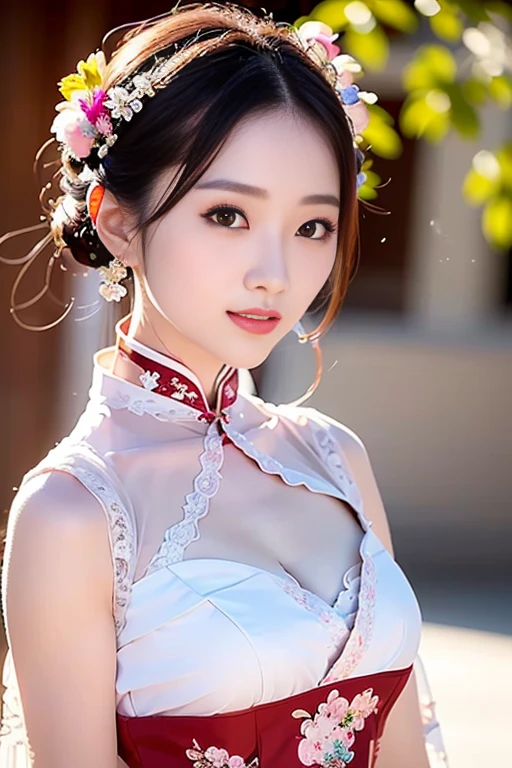(8K, hyper-high detail, gorgeous chinese lady, ample round bosom, beautiful detailed face, cheerfulness, short hair, alluring hairstyle, pretty Detailed eyes, Detailed lips, Chinese Hanfu, Lace, wearing jewellery, bokeh background, Flowers, morning, snowing, head to knees, side shot)