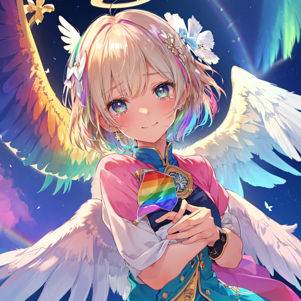 (((Extreme close-up　tears　smile　Low - Angle　Dove of peace　Angel Halo)))　((輝くtears　Rainbow Eyes　Short Hair　Receiving the light　Rainbow light　Place your hand on your chest　Aurora　Stretch your hand out towards me))　(Shining Edge　　Pillar of Light)