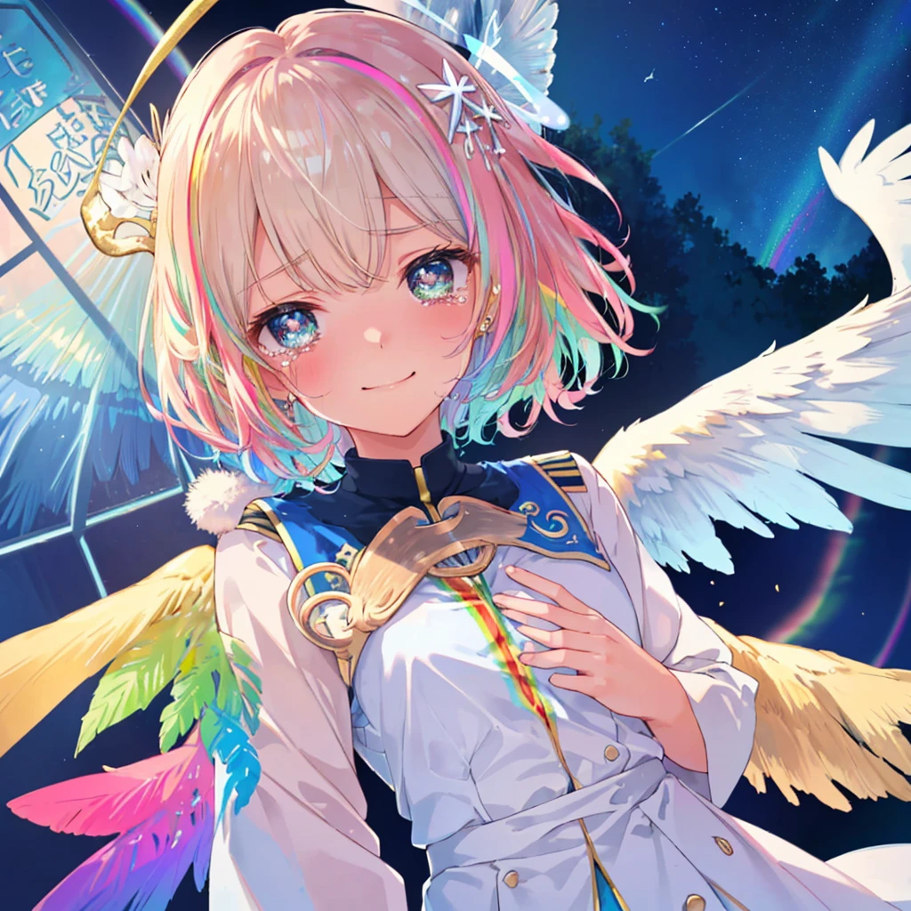 (((Extreme close-up tears smile Low - Angle Dove of peace Angel Halo))) ((輝くtears Rainbow Eyes Short Hair Receiving the light Rainbow light Place your hand on your chest Aurora Stretch your hand out towards me)) (Shining Edge Pillar of Light)
