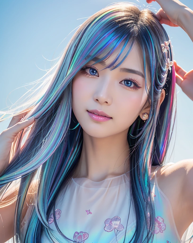 (Highest quality, 32k, High resolution, Masterpiece:1.5, ), marimo_jet, god々A photograph with brilliant dazzling and healing power., Evoking a sense of calm and elusive beauty, Expressing emotions, Have a rich imagination,Beautiful Japanese Girls, An exceptionally beautiful face, Small Face Beauty, Perfect Human Anatomy, Magical big eyes, Motherhood and generosity, Deep Love, fleeting smile, ((Iridescent gradient hair:1.4)), ((Super Long Straight Silk Hair:1.1)), Asymmetrical bangs, Hair between the eyes, Transparent, soft white skin, Sharp eyebrows, Thin lashes, Natural Makeup, Cheek highlighter, Pale pink detailed lips, ((Light blue floral dress:1.3)), High resolutionの完璧な鎖骨, High resolutionの美しい胸元, Slim figure with ample breasts, High resolutionの美しい太もも, ((Detailed blue sky background:1.2)), Professional Lighting, Professional photographer, Professional models, god秘的