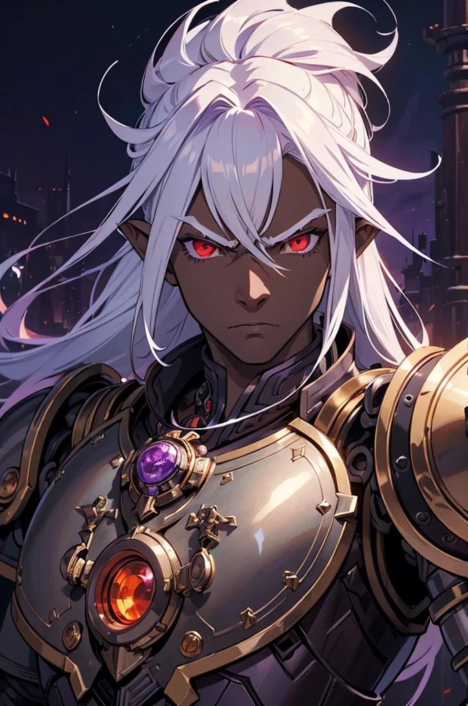 ((best quality)), ((masterpiece)), (detailed), ((boy)), ((mechanical armor)), (dungeonpunk),(steampunk), (serious), dark skinned, human, upper body, portrait, red eyes, long white hair, Xemnas from Kingdom Hearts, half-drow, pointy ears, serious face, dramatic lighting, purple hue, art by Kinema Citrus