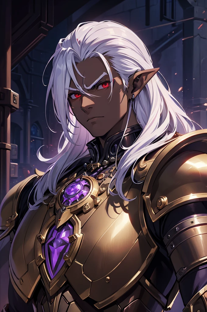 ((best quality)), ((masterpiece)), (detailed), ((boy)), ((mechanical armor)), (dungeonpunk),(steampunk), (serious), dark skinned, human, upper body, portrait, red eyes, long white hair, Xemnas from Kingdom Hearts, half-drow, pointy ears, serious face, dramatic lighting, purple hue, art by Kinema Citrus