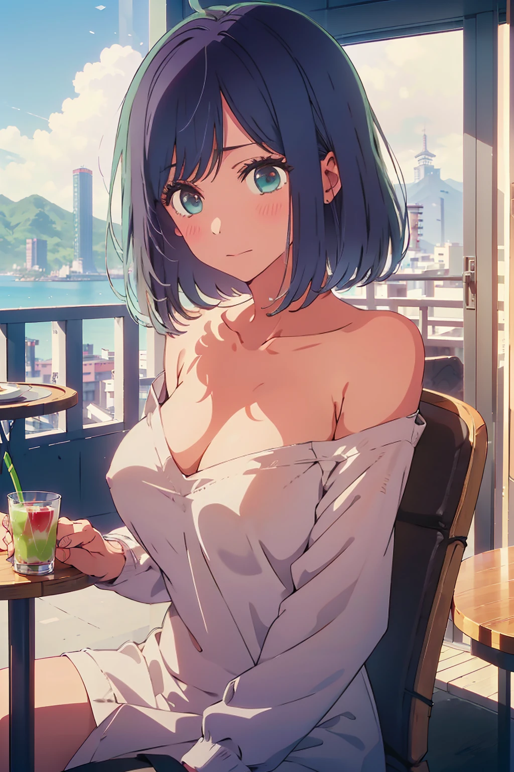 (Highest quality:1.4、8K:1.4、detailed)、F cup bust、Big Breasts、Slim body、Very white beautiful skin、((((1 person、Surprised expression、sit、Chair、In the background are the urban buildings of Tokyo、looking at the camera、Indoor cafe terrace、Navy hair color、juice、Shooting up close、table、Very cute face))))、((((nude、Areola))))、(Tuck your hair behind your ears with both hands:1.4)、Off-the-shoulder zip-up jacket