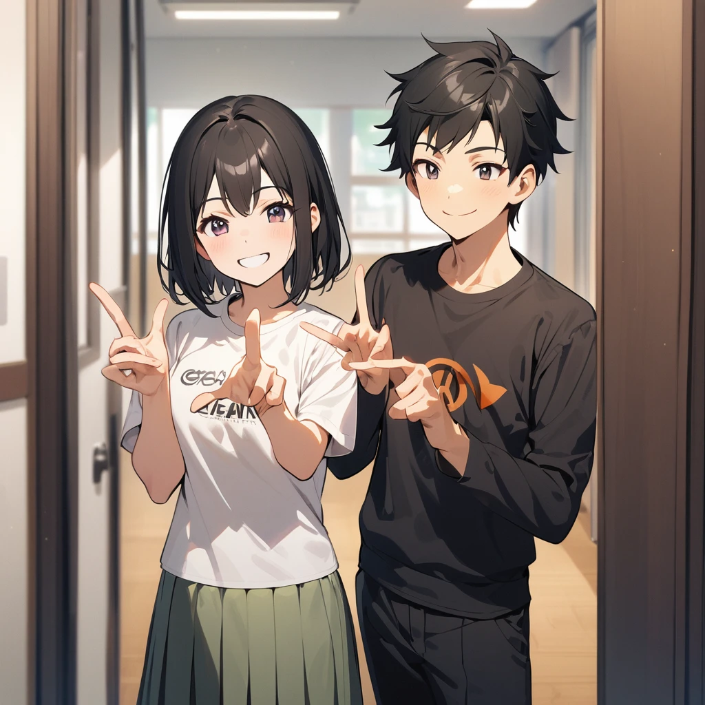 A confident smile, Two students demonstrating a gesture commonly associated with a peace sign while speaking by, slacks, Black Hair, indoor, in, skirt, shirt, ((((complete fiine fingers))))