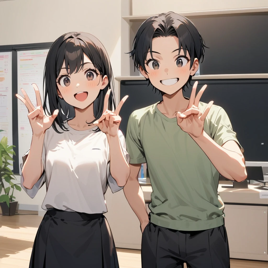 A confident smile, Two students demonstrating a gesture commonly associated with a peace sign while speaking by, slacks, Black Hair, indoor, in, skirt, shirt, ((((complete fiine fingers))))