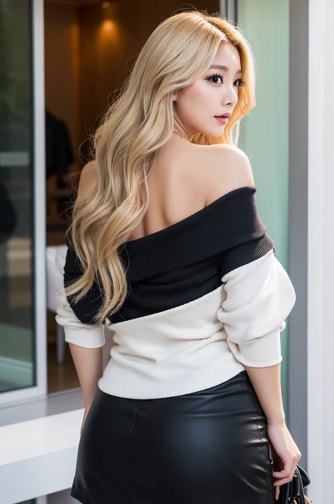 curvy body,,blonde wavy hair,26 years old,make up,japanese gyaru,off-the -shoulder strapped black blouse,from behind,short skirt,huge breasts